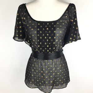 Guess Jeans Sheer Silk Blouse Black Gold Metallic